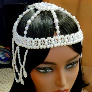 Beaded Bridal Head Piece, White pearls and clear Crystals. New. Custom-made.